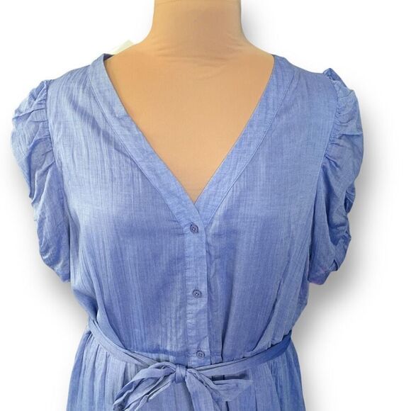DKNY Dress Blue Chambray Front Button Vneck Short Puff Sleeve Midi Size 16 - Picture 2 of 10